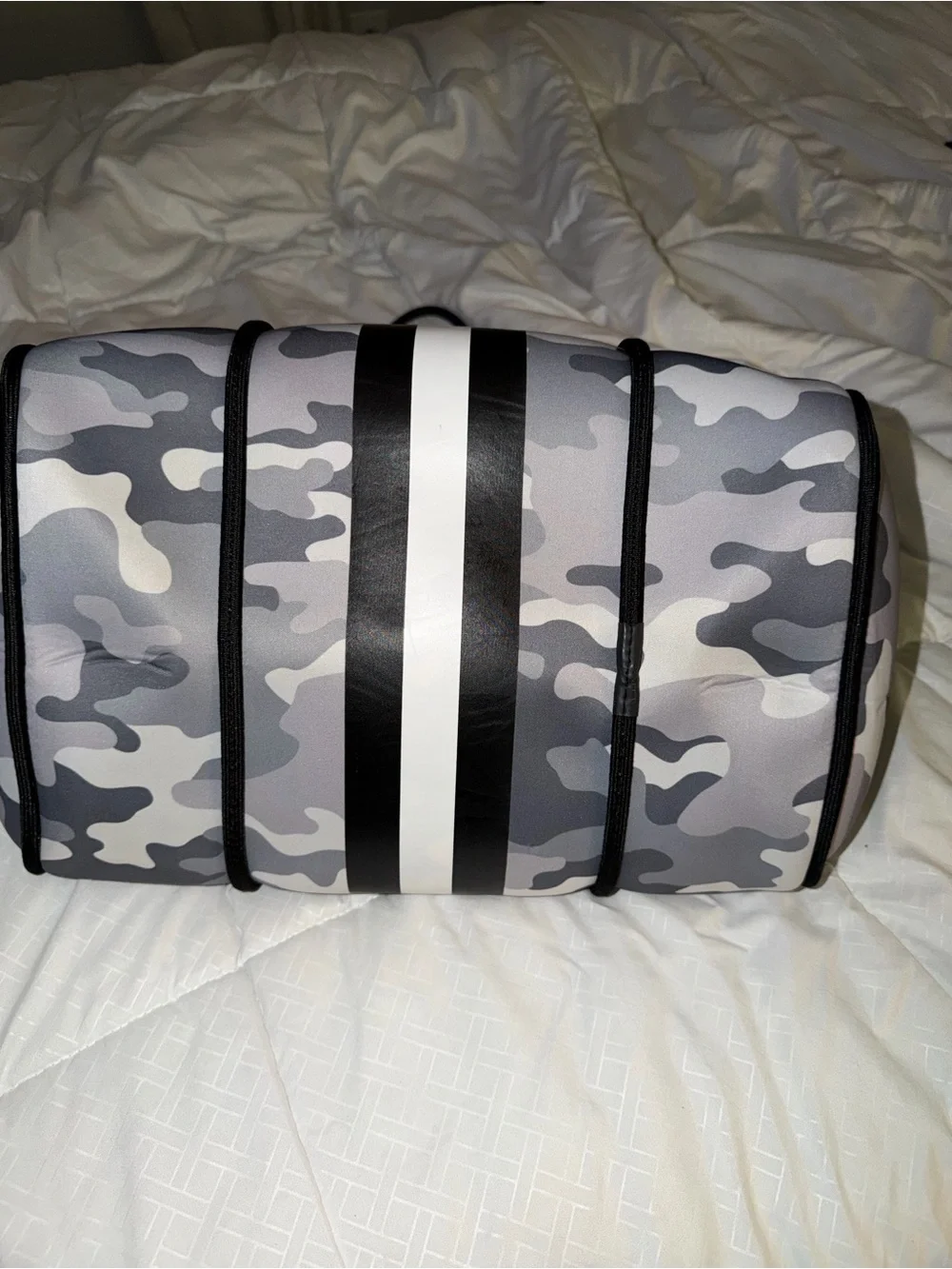 Neoprene Camo Tote Bag with Pink Interior and Black Stripes